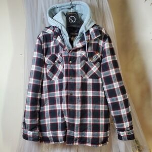Rugged Wear Flannel Hooded Shacket Plaid Quilted Cabincore Size L Hood Zip Snap